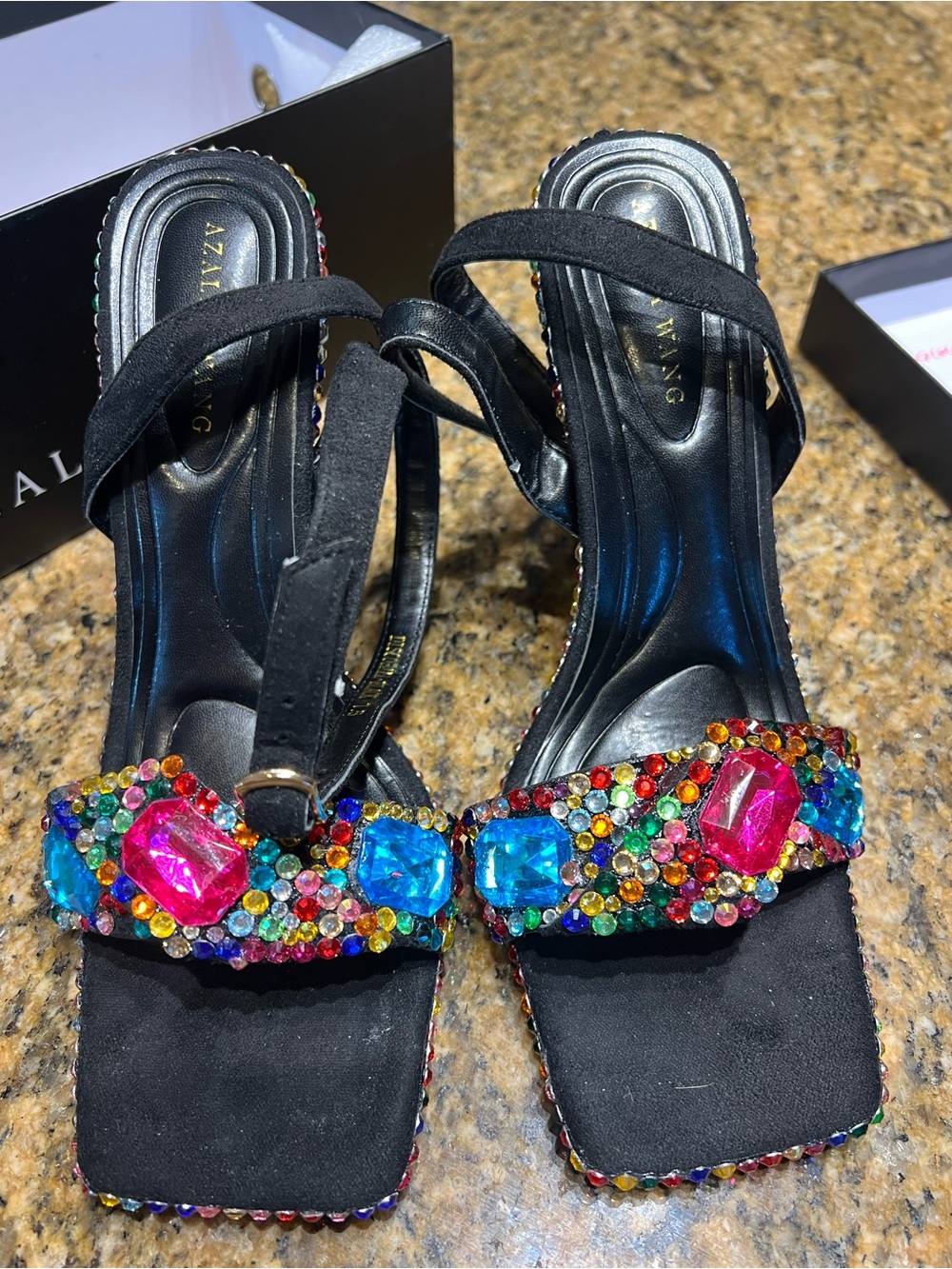 Black Jeweled Square-Toe Women's Sandals